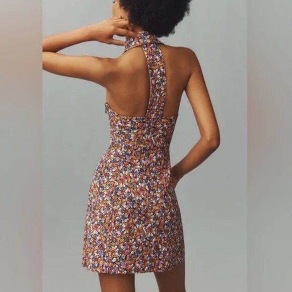 Maeve Anthropologie Amelia Floral Halter Collared Mini Dress Size Small Retro - Picture 2 of 10
